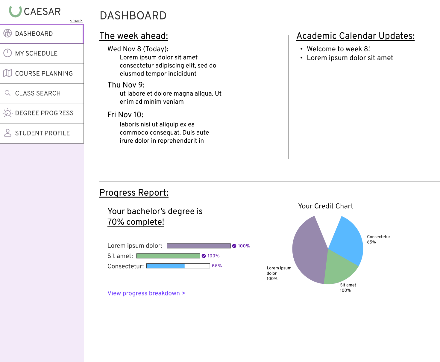 A digital prototype of a desktop course management application called Caesar