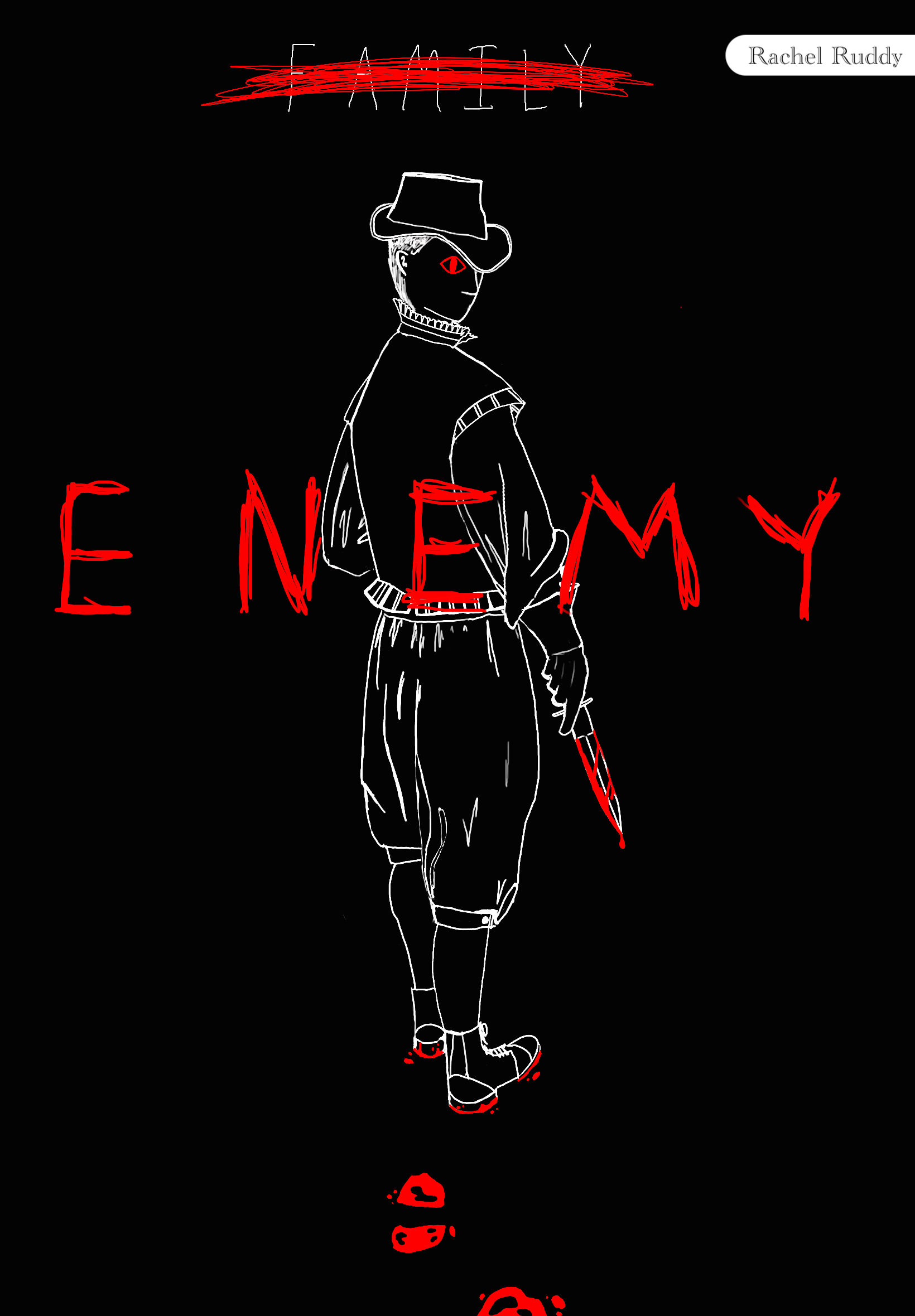 A digital drawing of a figure turned over its shoulder, holding a bloody knife. The word 'Family' is crossed out, with 'Enemy' scratched in its place.