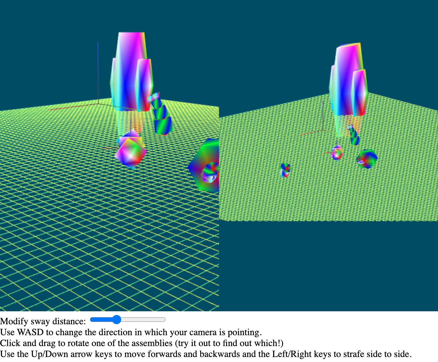 A screenshot of a WebGL program showing several multicolor 3D shapes in both perspective and orthographic views