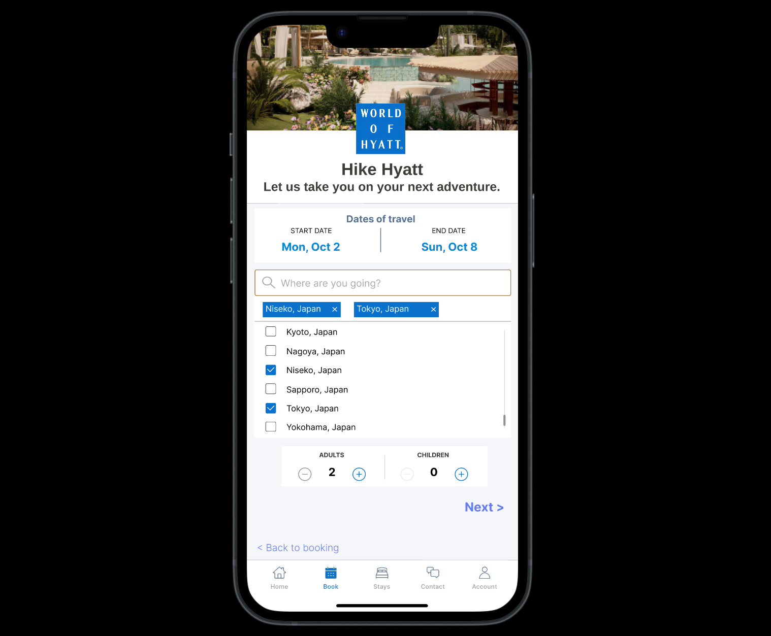 A digital prototype of an augmentation to the existing Hyatt app, involving itinerary planning