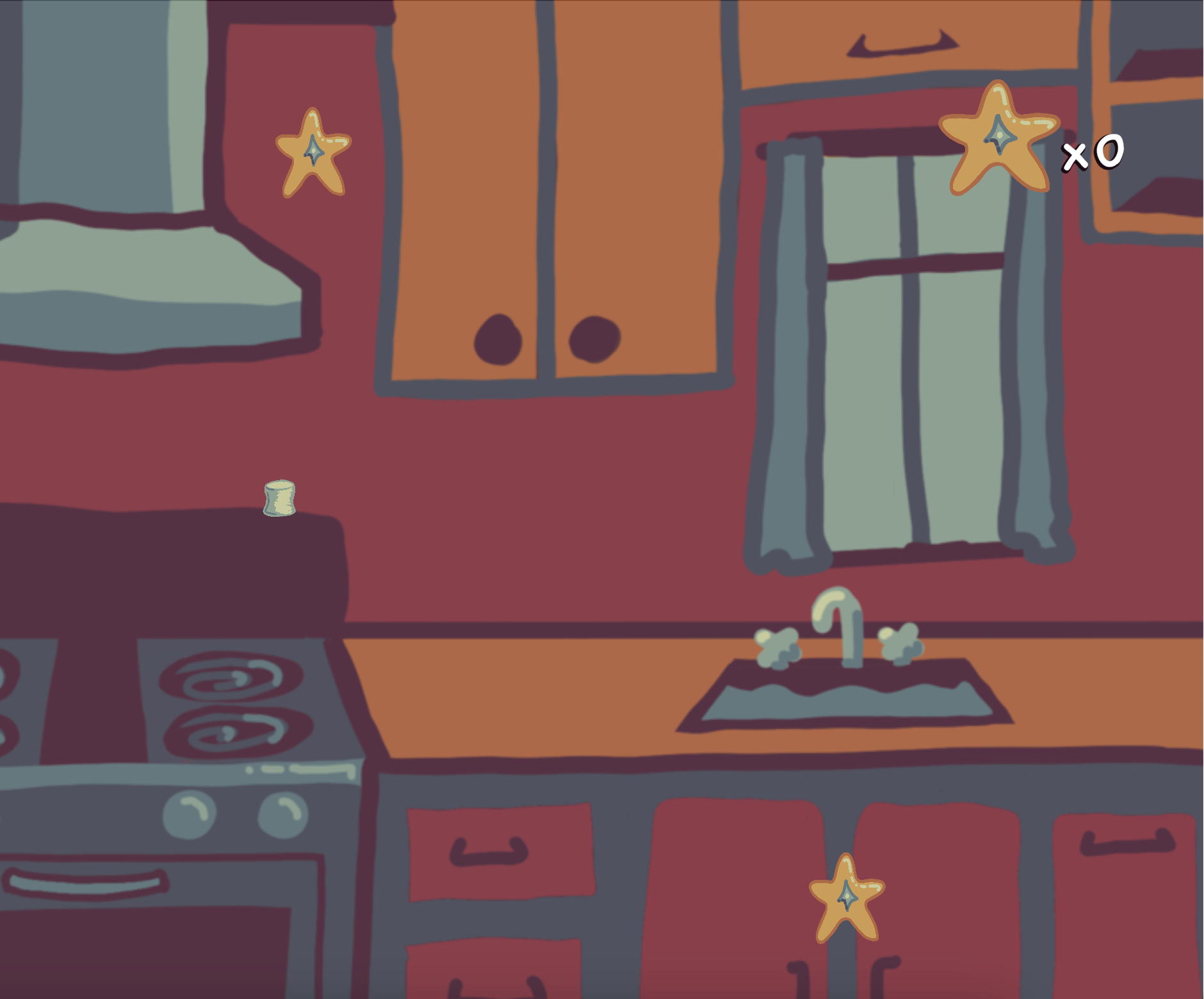 A screenshot of a video game showing a living marshmallow navigating household objects in 2D
