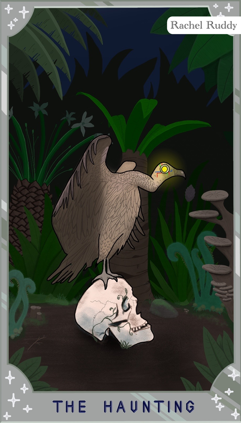 A digital drawing of a tarot card labeled as The Haunting, depicting a vulture with a mechanical eye standing atop a skull.