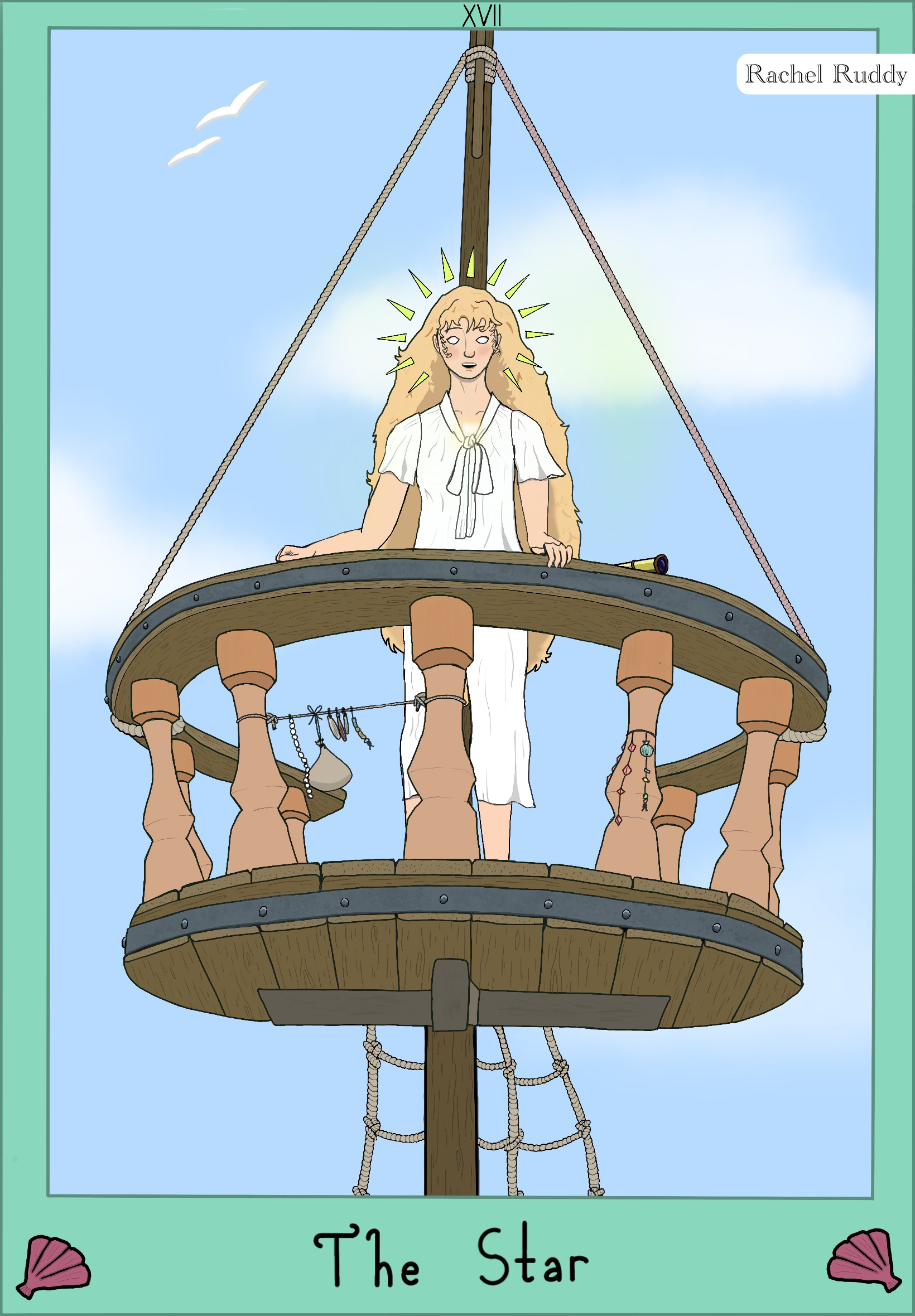 A digital drawing of a tarot card labeled as The Star, depicting a white-eyed blonde woman standing in the crow's nest of a ship.